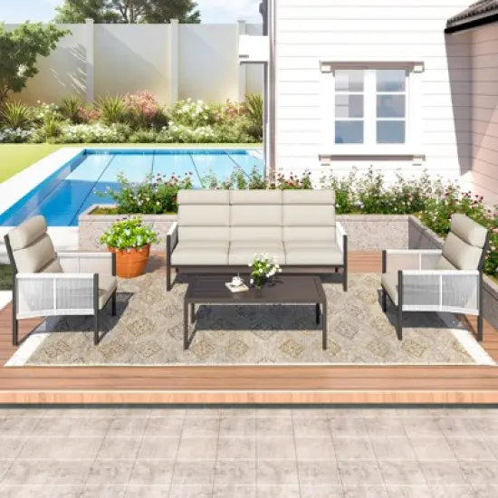 COWLOWN 4 Piece Khaki All Weather Aluminum Modern Sectional Conversation Patio Couch Set with Thick Cushions image {2}