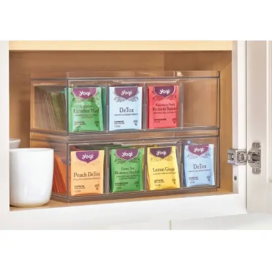 iDESIGN Crisp Plastic Stackable Tea Packet Storage Organizer Drawer with Lid Clear: Kitchen Cabinet Organizer, 13" x 5" x 6" image {4}
