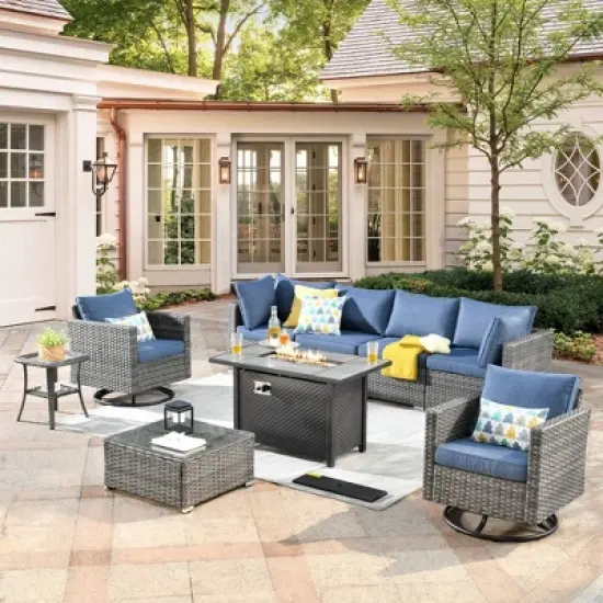 Ovios Venice 9pc Wicker Outdoor Patio Furniture Set Conversation Sofa with a Metal Fire Pit, Swivel Chairs and Cushions image {18}