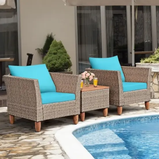 Costway 3PCS Patio Wicker Rattan Sofa Set Furniture Outdoor Acacia Wood Conversation image {14}