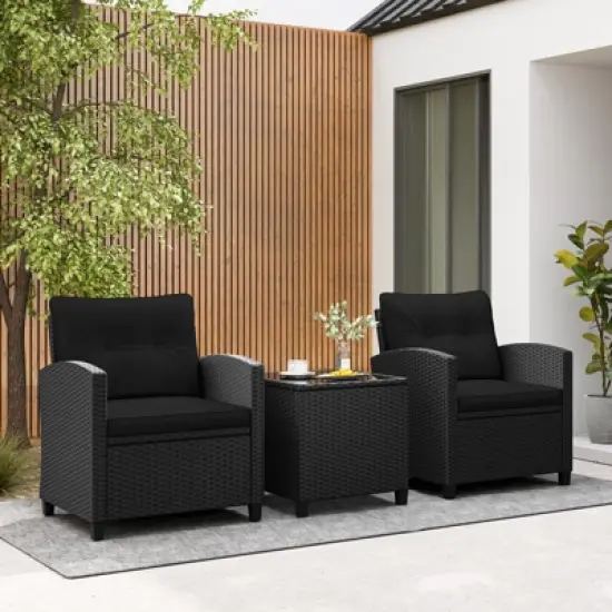 Tangkula 3 Piece Patio Furniture Set, Rattan Conversation Set w/Soft Seat & Back Cushions, Tempered Glass Topped Coffee Table Black image {3}