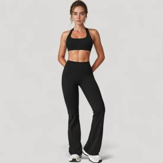 Anna-Kaci Active Women's High Waist Flared Leg Stretch Pants Smooth Fabric Seamless Waistband Active Lounge Bottoms image {3}