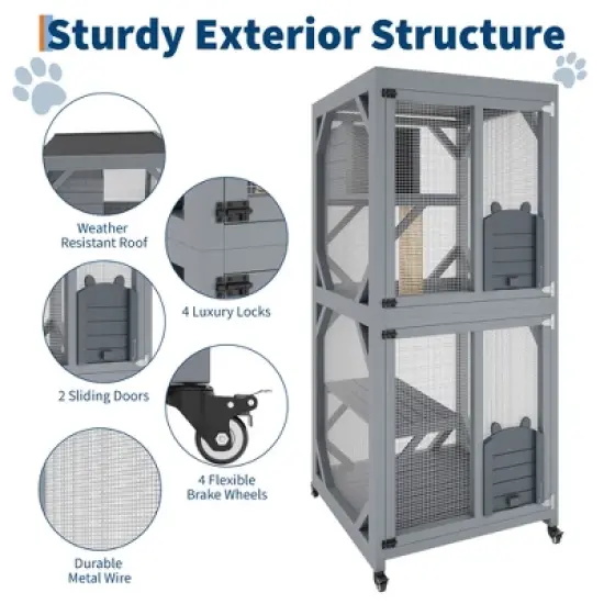 Large Wooden Cat Cage with Window and Roof,Outdoor Cat Enclosure,Multi-Level Cat House with 4 Platforms ,Cattery with Bridge and Scratching Post image {2}