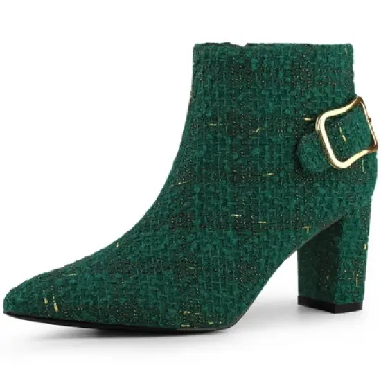 Allegra K Women's Plaid Pointed Toe Chunky Heels Ankle Boots image {10}