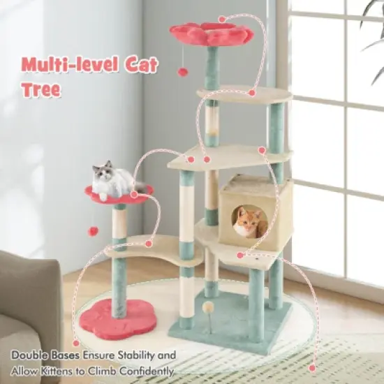 Costway 61&rdquo; Tall Cat Tree Multi-Level Aesthetic Floral Kitten Tower Indoor Cat Climbing Stand Activity Center image {8}