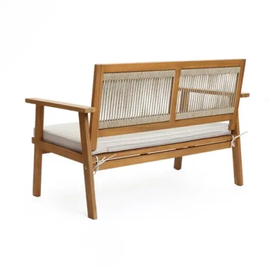 LuxenHome Outdoor Acacia Wood Rope Back Loveseat with Cushions and Coffee Table Set image {7}