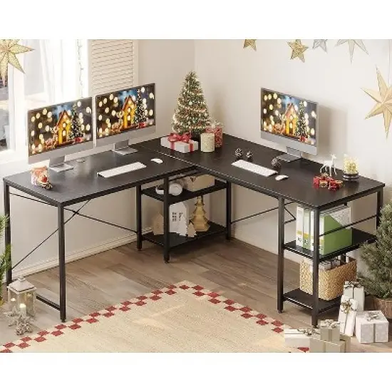 Bestier 59''L Shaped Gaming Desk with 4 Tier Adjustable Shelves,Reversible Corner Computer Desk,95"double desk for 2 person Home Office image {4}