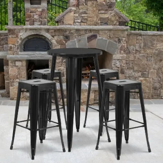 Flash Furniture Commercial Grade 24" Round Metal Indoor-Outdoor Bar Table Set with 4 Square Seat Backless Stools image {1}