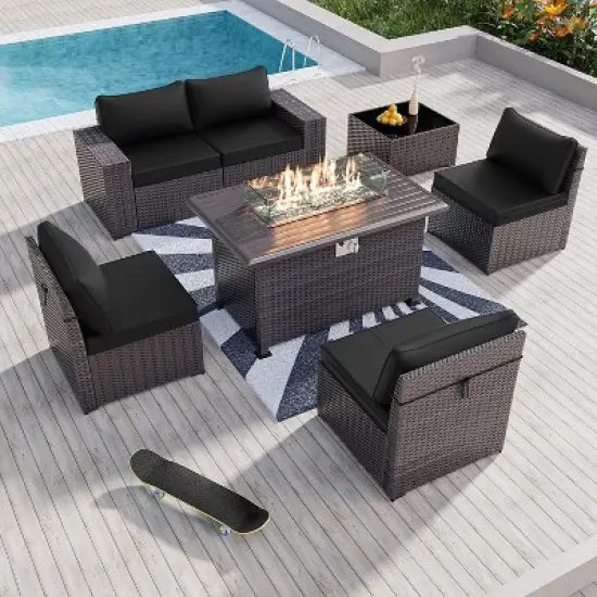 ALAULM 7 Pieces Outdoor Patio Furniture Set with 43" Gas Propane Fire Pit Table PE Wicker Rattan Sectional Sofa image {9}