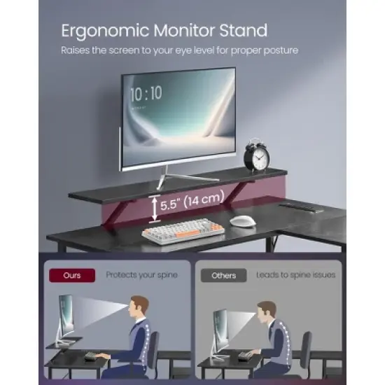L-Shaped Desk with Power Outlets, Computer Desk with Monitor Stand, 2 Drawers, for Home Office image {4}