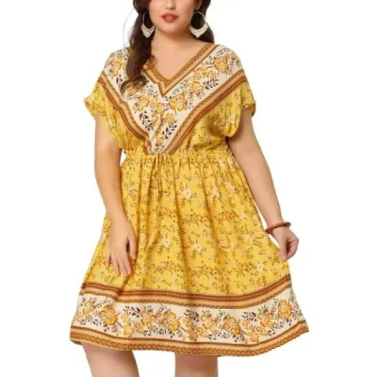 Agnes Orinda Women's Plus Boho Floral Pattern V Neck Drop Shoulder Drawstring Waist Dresses image {6}