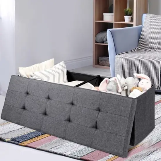 Costway Fabric Folding Storage Ottoman Storage Chest W/Divider Bed End Bench Light Grey\Drak Grey\Navy image {2}