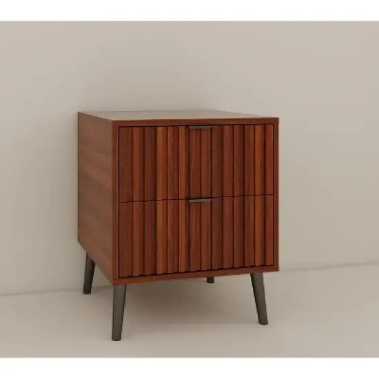 KWPZQEB Wooden Fluted Nightstand, 17.7" Wide Side Table with 2 Large Storage Drawers, Modern Night Stand for Living Room, Bedroom, Brown image {7}