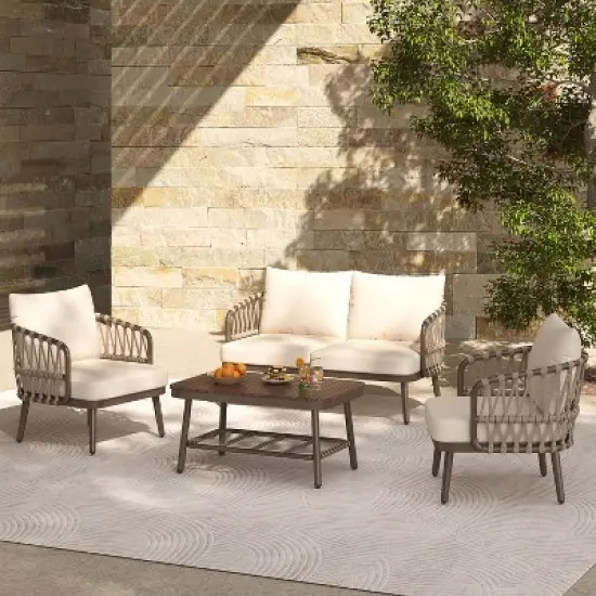 4-Piece Outdoor Patio Conversation Set Metal Frame Chairs with Woven Rope Backrest, Thick Cushions & Acacia Wood Coffee Table - ModernLuxe image {1}