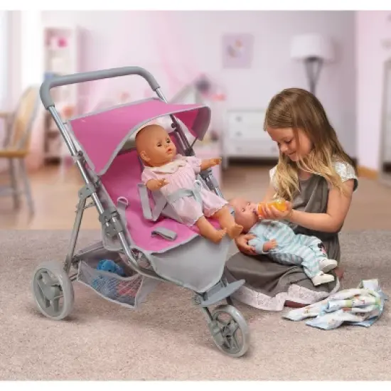 Badger Basket Trek 3-Wheel Folding Twin Doll Jogging Stroller - Gray/Pink image {2}