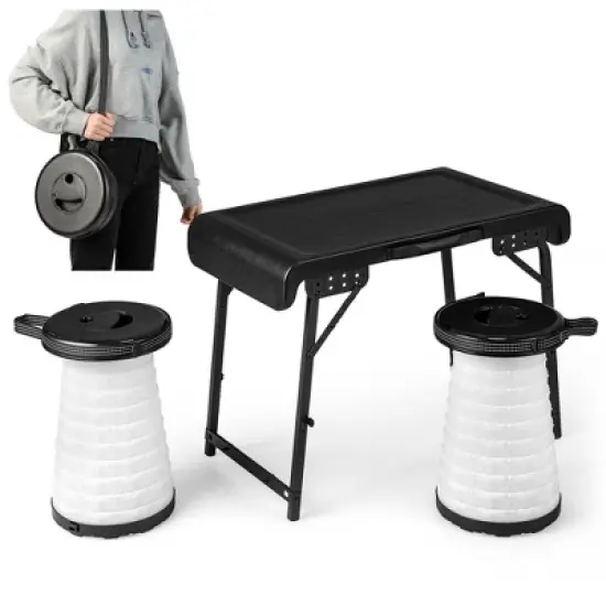 Costway 3-Piece Folding Table Stool Set with a Camping Table & 2 Retractable LED Stools image {9}