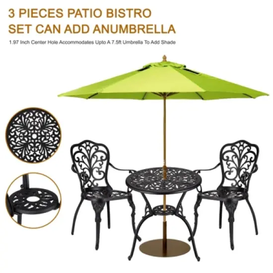 TROPOW 3 Piece Bistro Set, Outdoor Bistro Table and Chairs Set of 2, Rust-Resistant Cast Aluminum All Weather Patio Outdoor Bistro Set with Umbrella image {5}