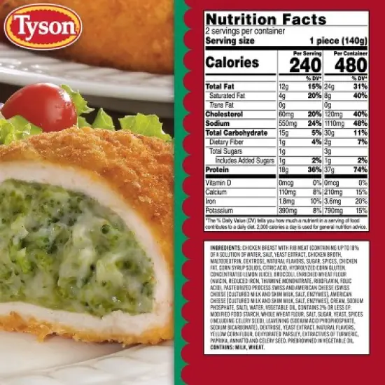 Tyson Stuffed Chicken Entr&eacute;e Broccoli and Cheese Boneless - Frozen - 10oz image {6}