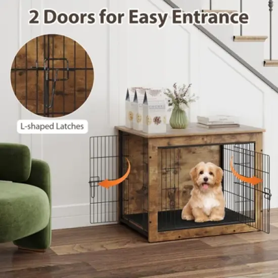 Costway 33&rdquo; Dog Kennel w/ Chew-Resistant Metal Frame & Soft Mat Double Doors Dog Crate End Table image {3}