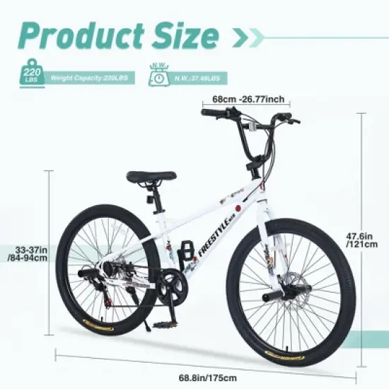 NAYSAYE Bicycle Freestyle Kids Bike Double Disc Brakes 26 Inch for Boys and Girls for Adventure, White, 68.8"*26.77"*47.6" image {4}