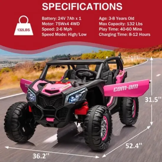 2-Seater 24V Ride-On UTV &ndash; Powerful 4WD Electric Car for Kids with Remote Control, Shock Absorbers, Leather Seats, Music & Lights image {2}