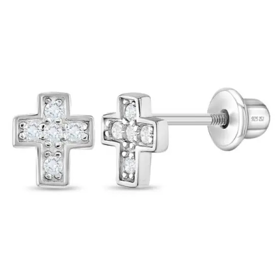 Girl's Tiny Classic CZ Cross Screw Back Sterling Silver Earrings - In Season Jewelry image {4}