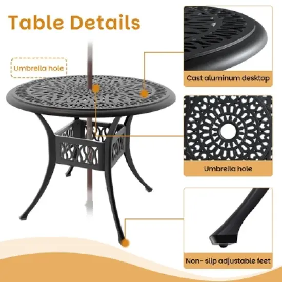 3-Piece Cast Aluminum Outdoor Dining Set with Brown Cushions, Round Table & Stackable Chairs - for Patio, Backyard image {5}