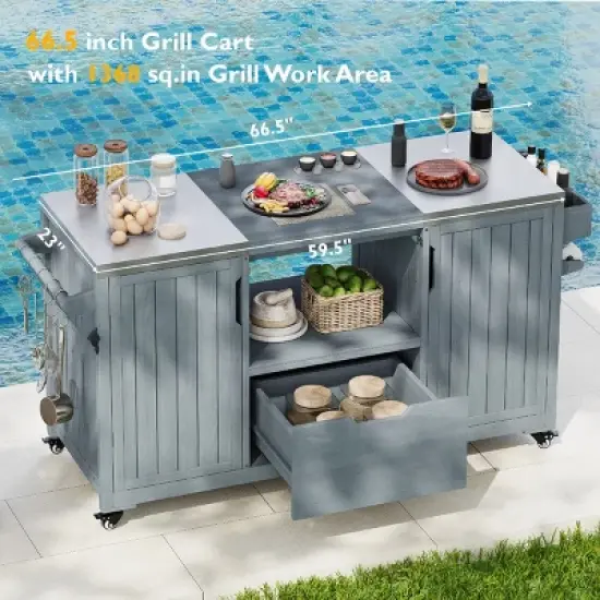 Outdoor Kitchen Island, Solid Wood Outdoor Grill Cart, Grill with Wood Frame and Stainless Steel Top, Grill with Wheels-Coolbibila image {7}