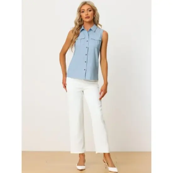 Allegra K Women's Summer Casual Collared Tank Top Button Down Sleeveless Work Shirt image {3}