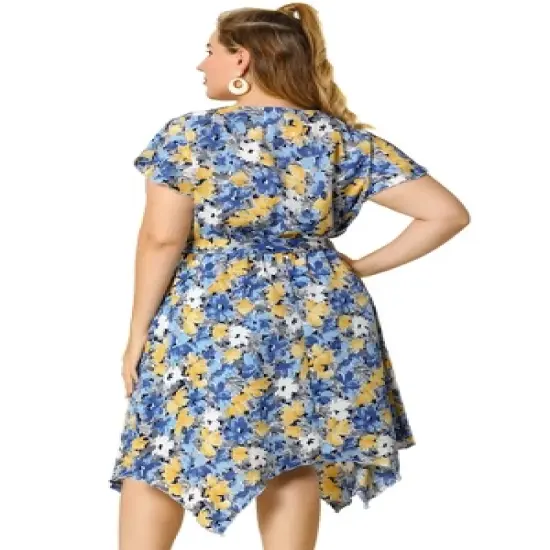 Agnes Orinda Women's Plus Size Floral Belted Ruffled Asymmetrical Hem Midi Dress image {4}