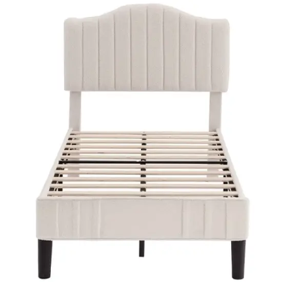 VECELO Bed Frame, Upholstered Platform Bed with Soft Teddy Fabric Adjustable Headboard, Beige/Gray image {6}