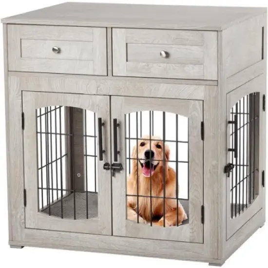 40" Heavy Duty Dog Crate Furniture - Dual-Door Pet Kennel Wooden Kennel End Table with 2 Storage Drawers, Indoor Pet House for Small/Medium/Large Dogs image {8}