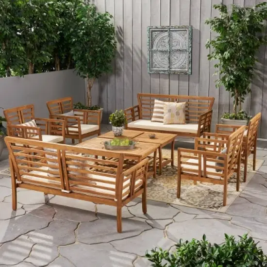 Caydon 8pc Acacia Wood Chat Set - Brown Patina/Cream - Christopher Knight Home image {1}
