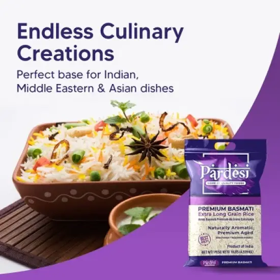 Pardesi Basmati Rice 10LB, Extra Long Grain - Premium Quality, Aromatic Flavor, Soft Texture, Perfect Cooking Choice Perfect for all cuisines. image {9}