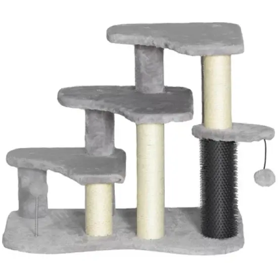 SKYONE 3/4 Step Adjustable Cat Stairs with Condo, Scratching Post & Toy Ball for Bed/Sofa - Gray, image {8}