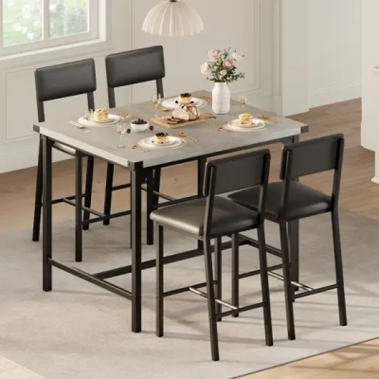 5-Piece Counter Height Dining Table Set for 4, Rustic Gray Kitchen Table with Footrest & Corner Guards, 4 Upholstered Bar Stools with Backrests image {1}