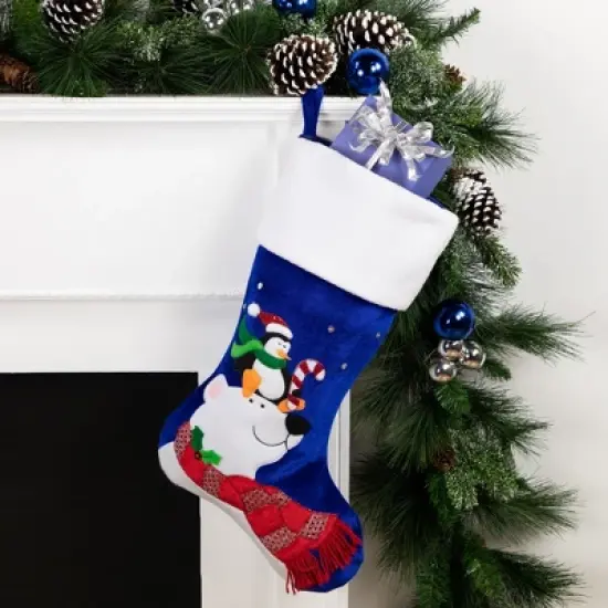 Northlight 24" Large Penguin and Bear Blue Velveteen Christmas Stocking with White Cuff image {1}