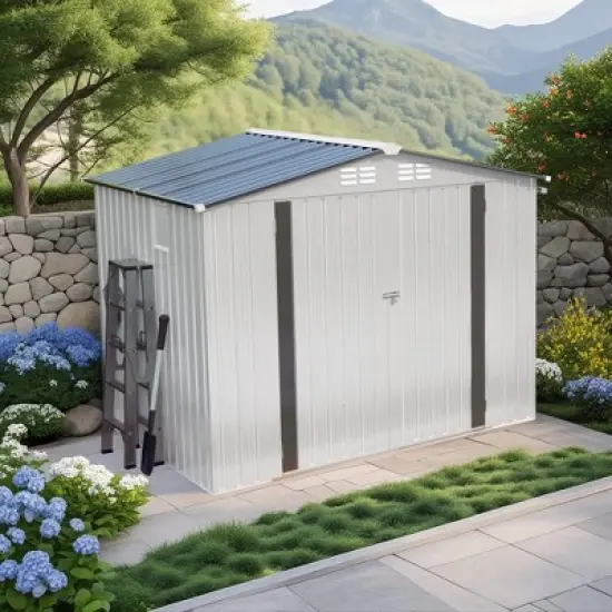 ORRD 8X6 FT Metal Outdoor Shed | Pitched Roof, Waterproof | Side Window, Lockable Door | Ideal for Garden Tools, Sundries & Bikes | White+Gray image {1}