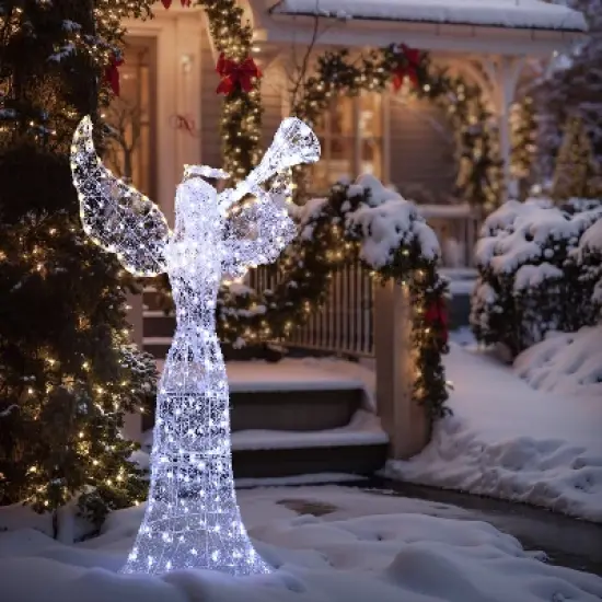 LuxenHome 5Ft Angel Playing Trumpet Outdoor Holiday Decoration with Lights White image {3}