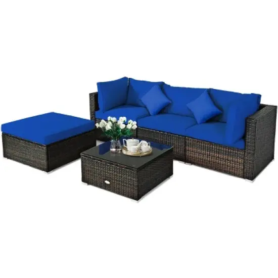 Tangkula 5-Piece Outdoor Patio Sectional Rattan Wicker Sofa Set w/ Cushion image {8}