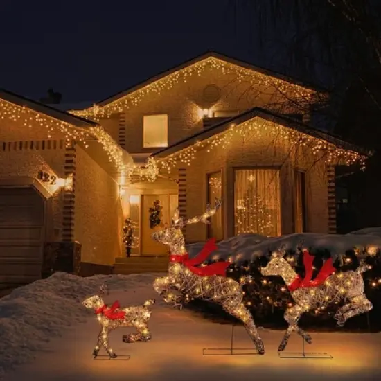 LuxenHome 3-Piece Natural and Plastic Rattan Running Reindeer Holiday Decoration Set with Lights Brown image {6}