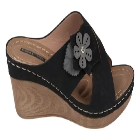 GC Shoes Selly Cross-Strap Flower Comfort Slide Wedge Sandals image {1}