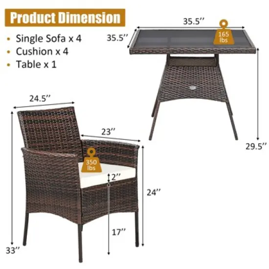 Tangkula 5 PCS Outdoor Rattan Dining Set Patio Wicker Conversation Set w/Cushioned Chair & Glass Table image {2}