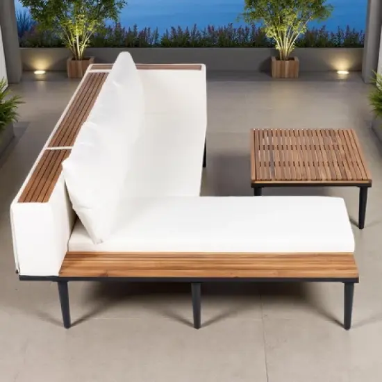 89.4" Outdoor Patio L-Shaped Acacia Wood Sectional Sofa Set with Coffee Table and Side Table image {8}