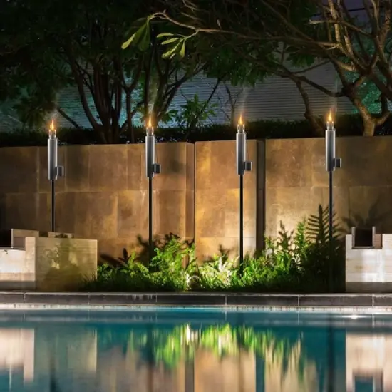 Sorbus 5 ft Set of 2 Stainless Oil Burning Barrel Shape Steel Torch - Great for backyard decorating and lawn lighting image {1}