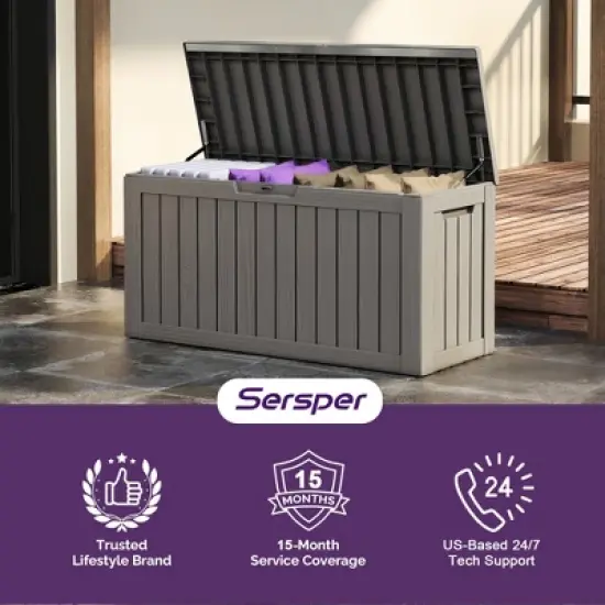 Sersper 85 Gallon Resin Outdoor Storage Box for Patio Furniture Cushions, Pool Toys, and Garden Tools with Handles, Brown image {5}