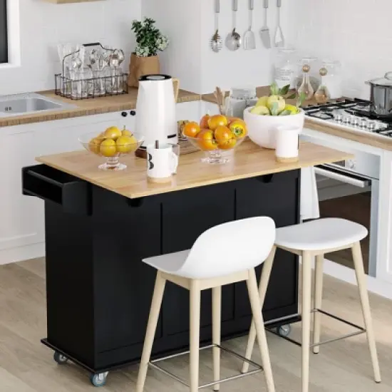 HOMCOM Mobile Kitchen Island Storage Trolley Cart on Wheels with Dropleaf Top, Towel/Spice Rack, 3 Drawers, 2-Door Cabinet image {1}