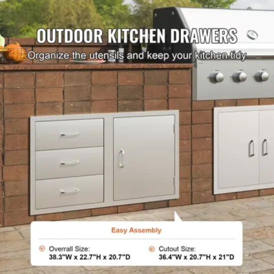 VEVOR Outdoor Kitchen Door Drawer Combo 38.1\'\'W x 22.6\'\'H x 20.8\'\'D, BBQ Access Door/Triple Drawers Combo with Stainless Steel Handles, Silver image {2}