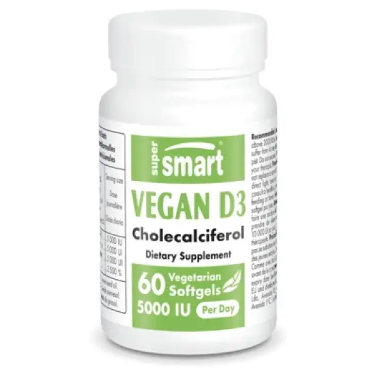 SuperSmart Vegan Vitamin D3 5000 IU / 125mcg per Day (High Absorption) - 100% Plant Based Cholecalciferol | Non-GMO & Gluten Free - 60 Softgels image {1}