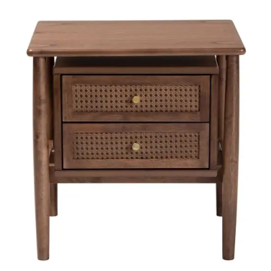Baxton Studio Alyssa Wood 2 Drawer Nightstand Woven with Rattan Walnut Brown image {7}